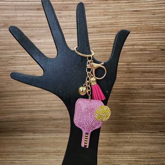 Pickleball Paddle & Ball Bling Keychain Tassel Rhinestone Accessories Gift -Pink - Picture 2 of 6